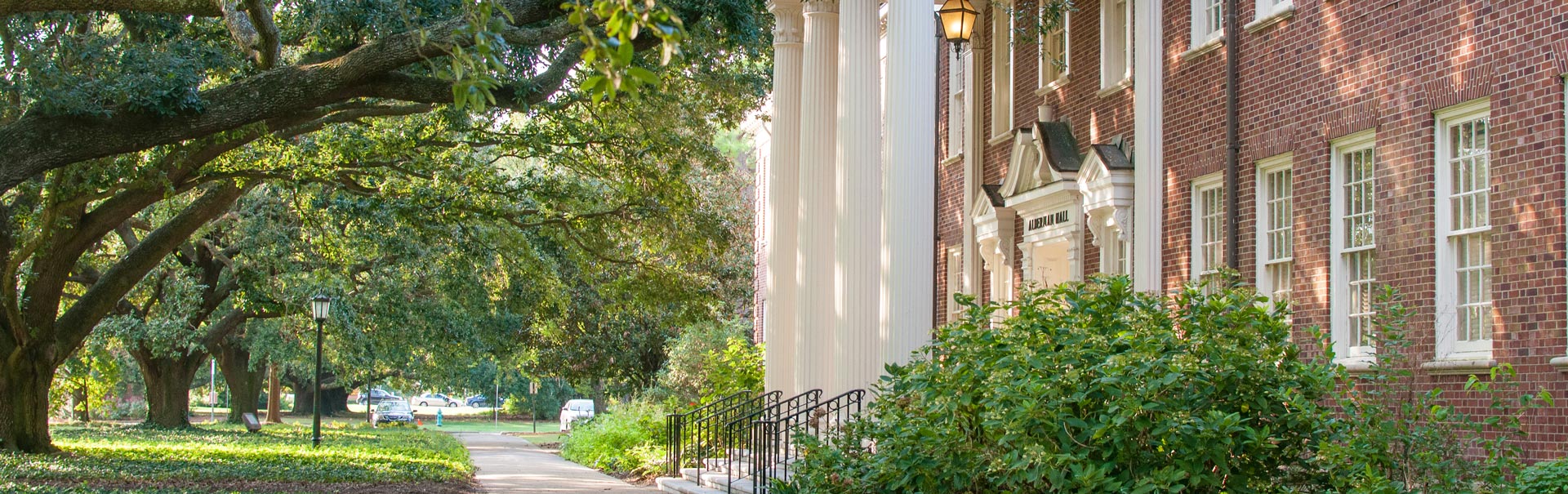 Exterior photo of an entrance to Alderman Hall 