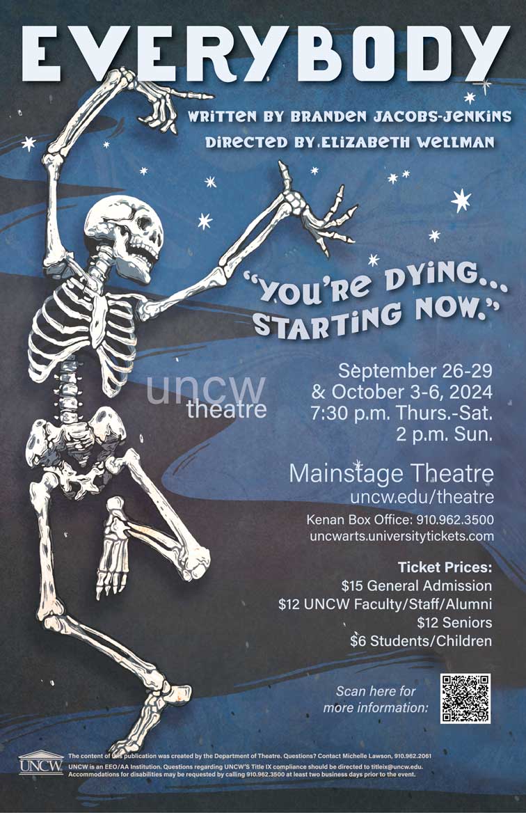 Poster for the play Everybody, featuring a dancing skeleton