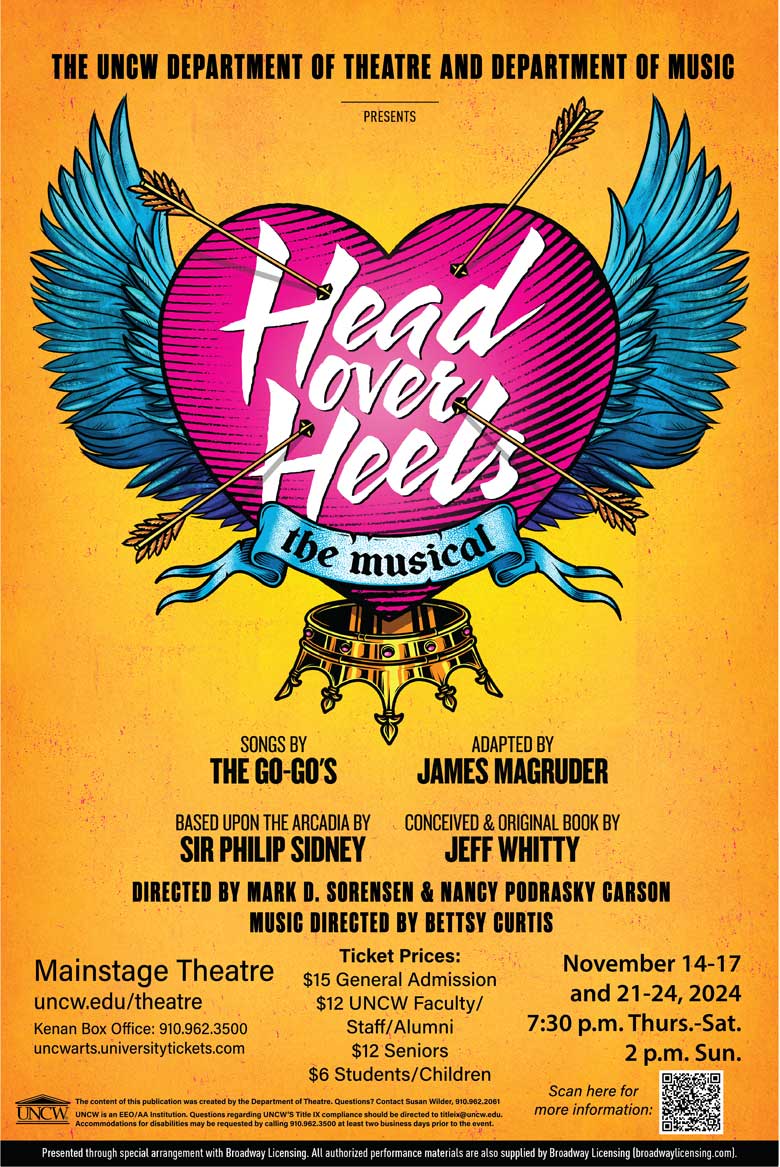 Head over Heels poster with a heart with wings and arrows 