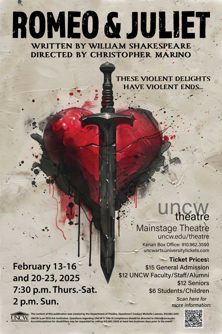 Poster of the play Romeo and Juliet, with a sword and a heart
