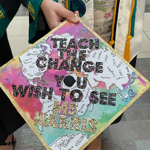 Graduation cap decorated at the Curriculum Materials Center