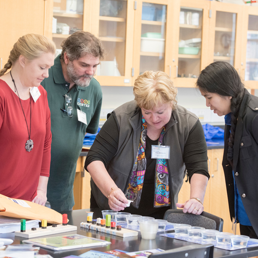 Four people look at project on table