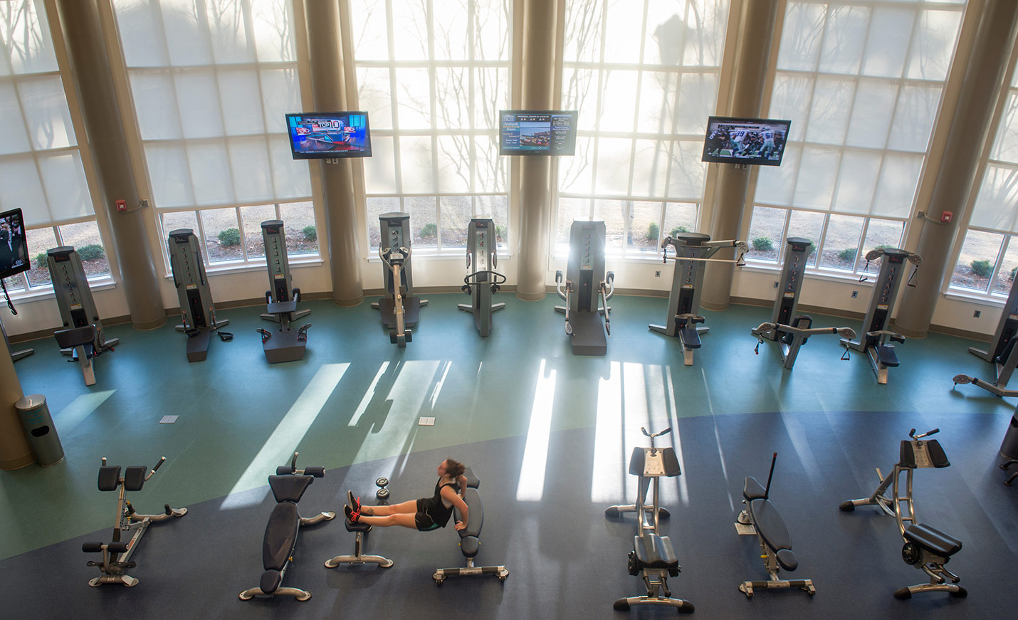A view of the lower level of the UNCW recreation center exercise equipment.