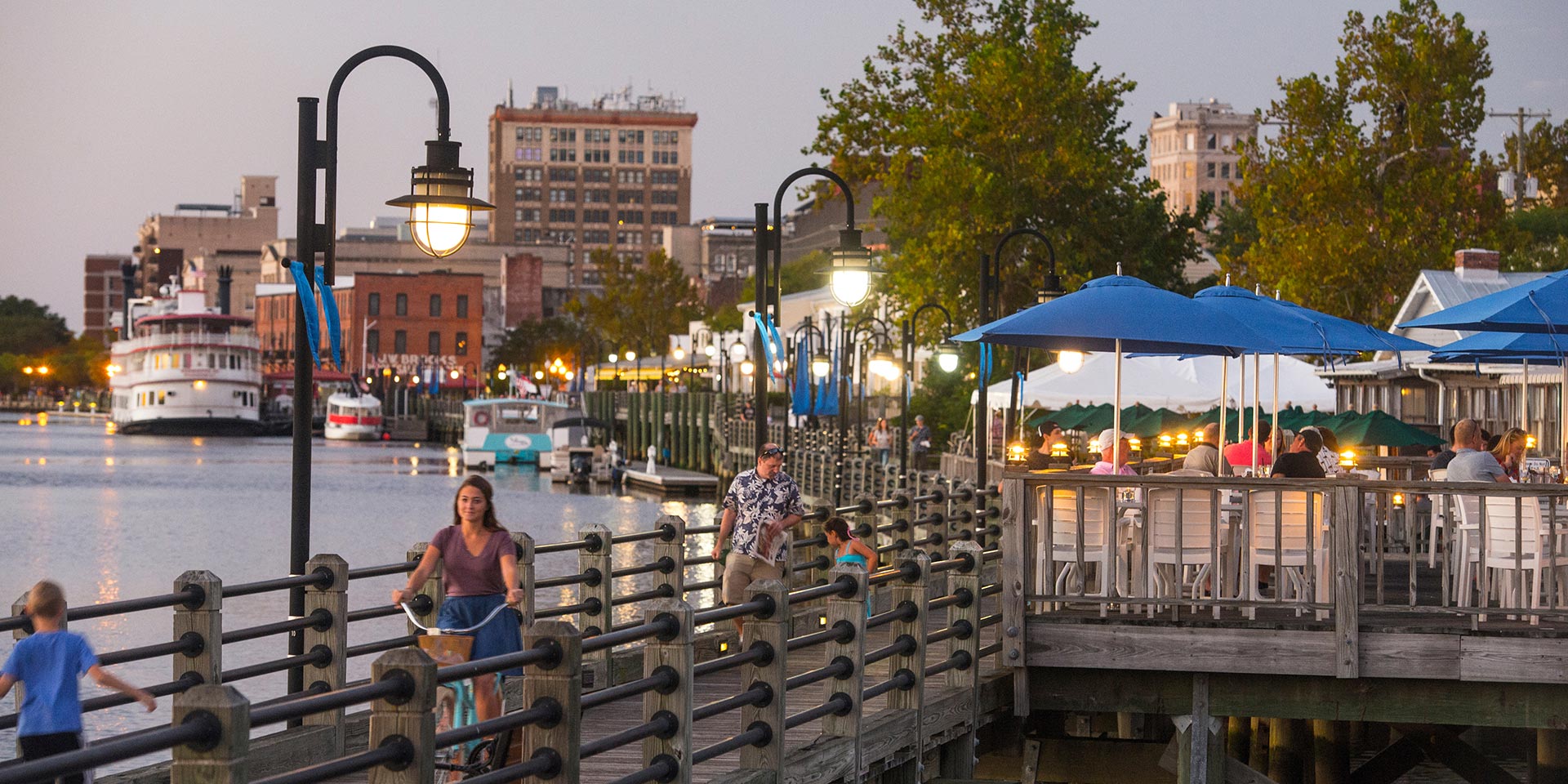 A wide shot of the Wilmington boardwalk downtown