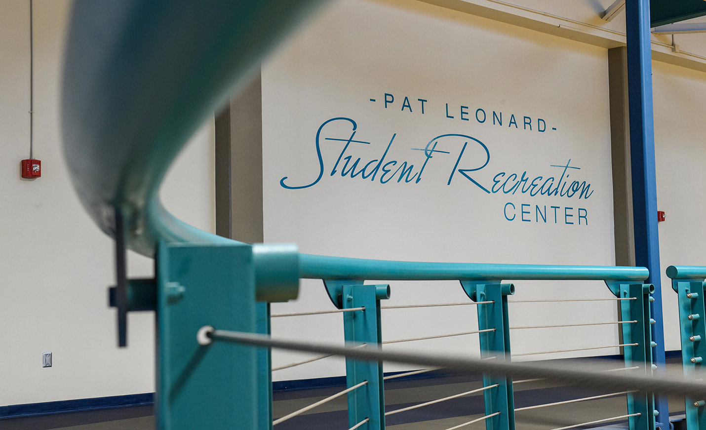 A view of the wall saying Pat Leonard Student Recreation Center.