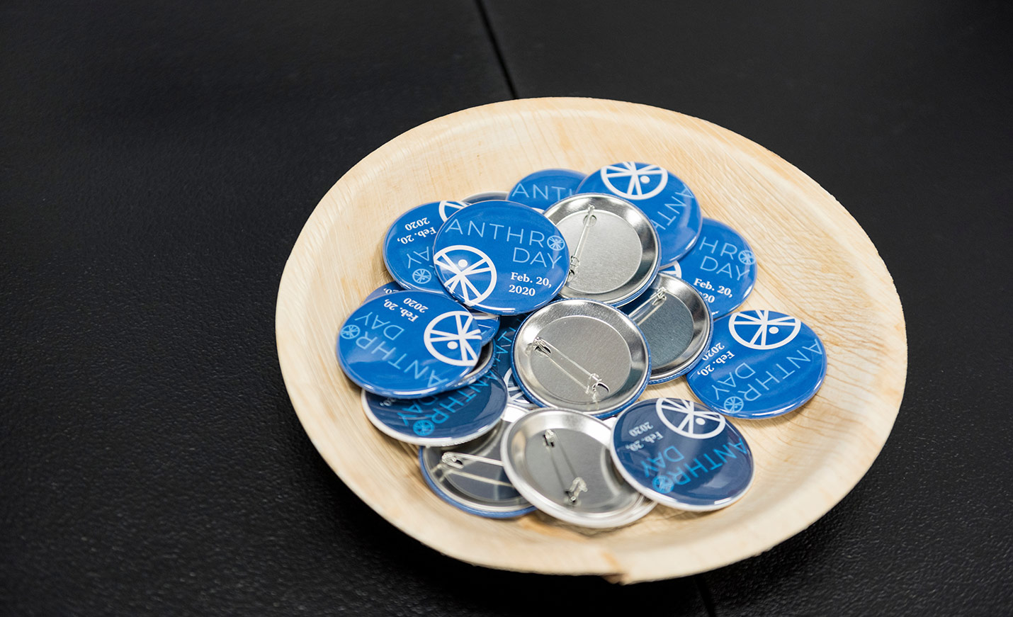 Anthro Day pins in a bowl
