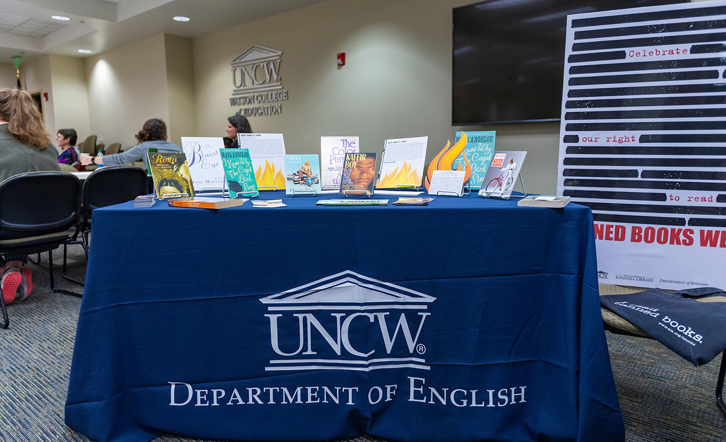 English Department table with banned book display.