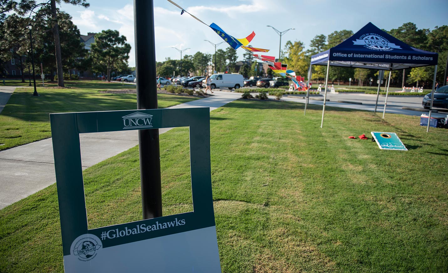 a line of international flags fly on the UNCW campus