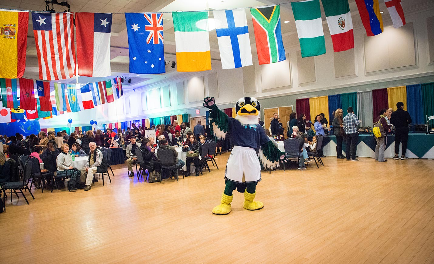Sammy C. Hawk strikes a pose under a line of international flags