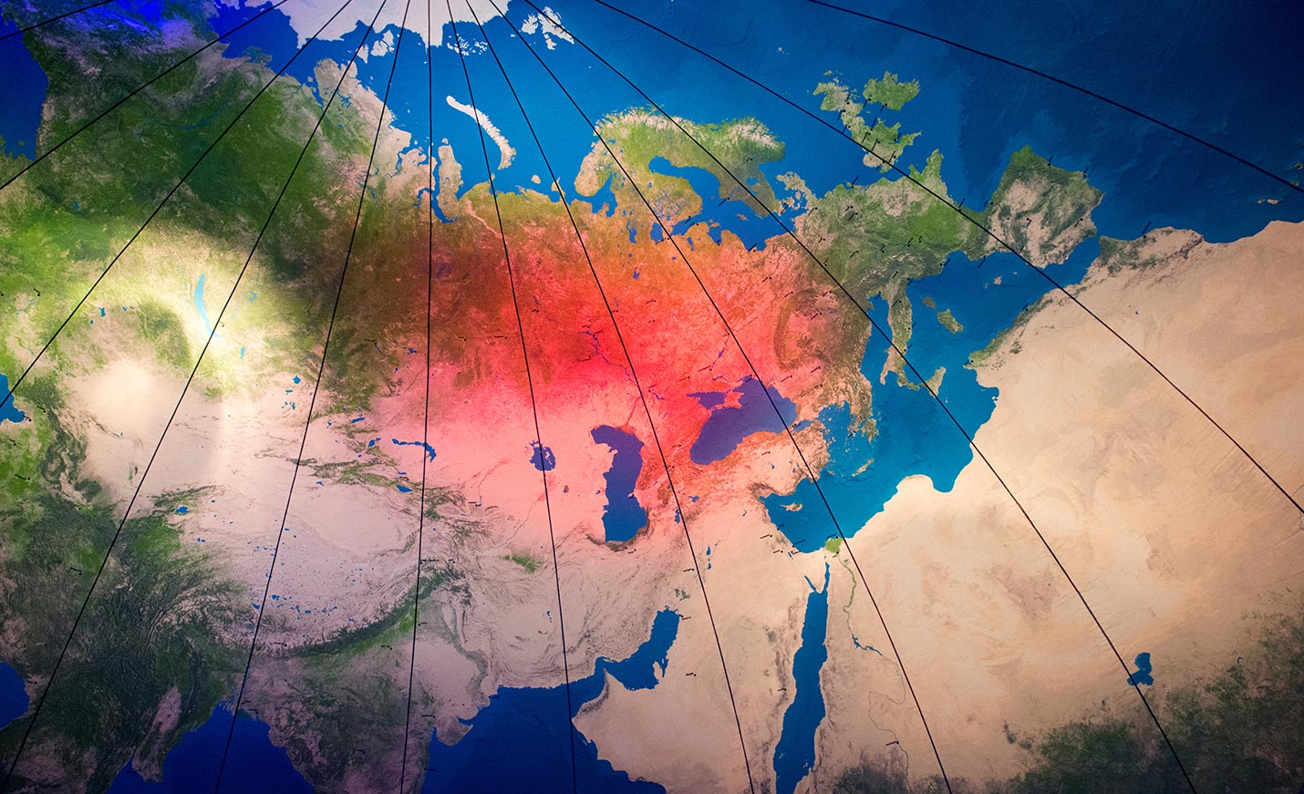 Partial map of the world stained in red