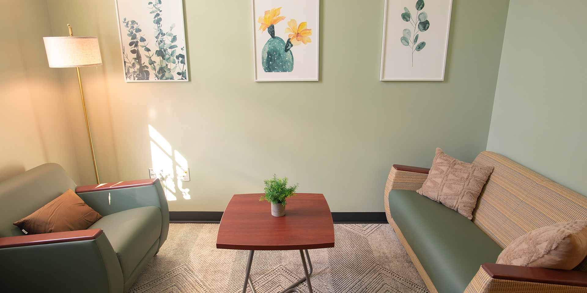 A patient room with calming decorations of flowers