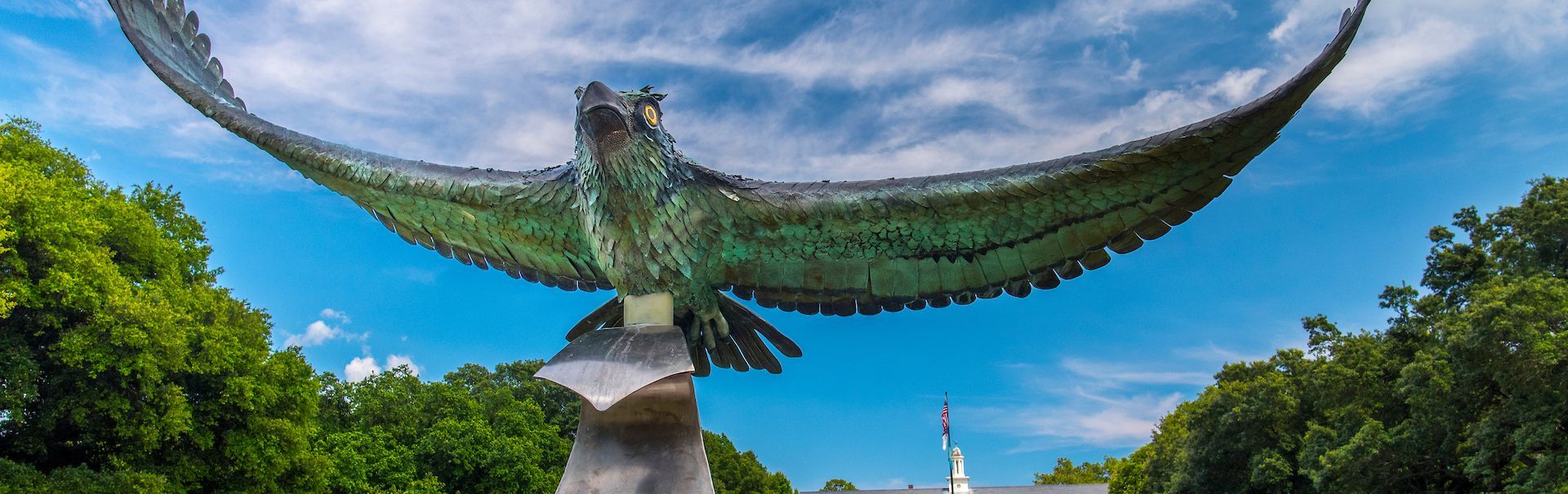 Seahawk statue in the front lawn
