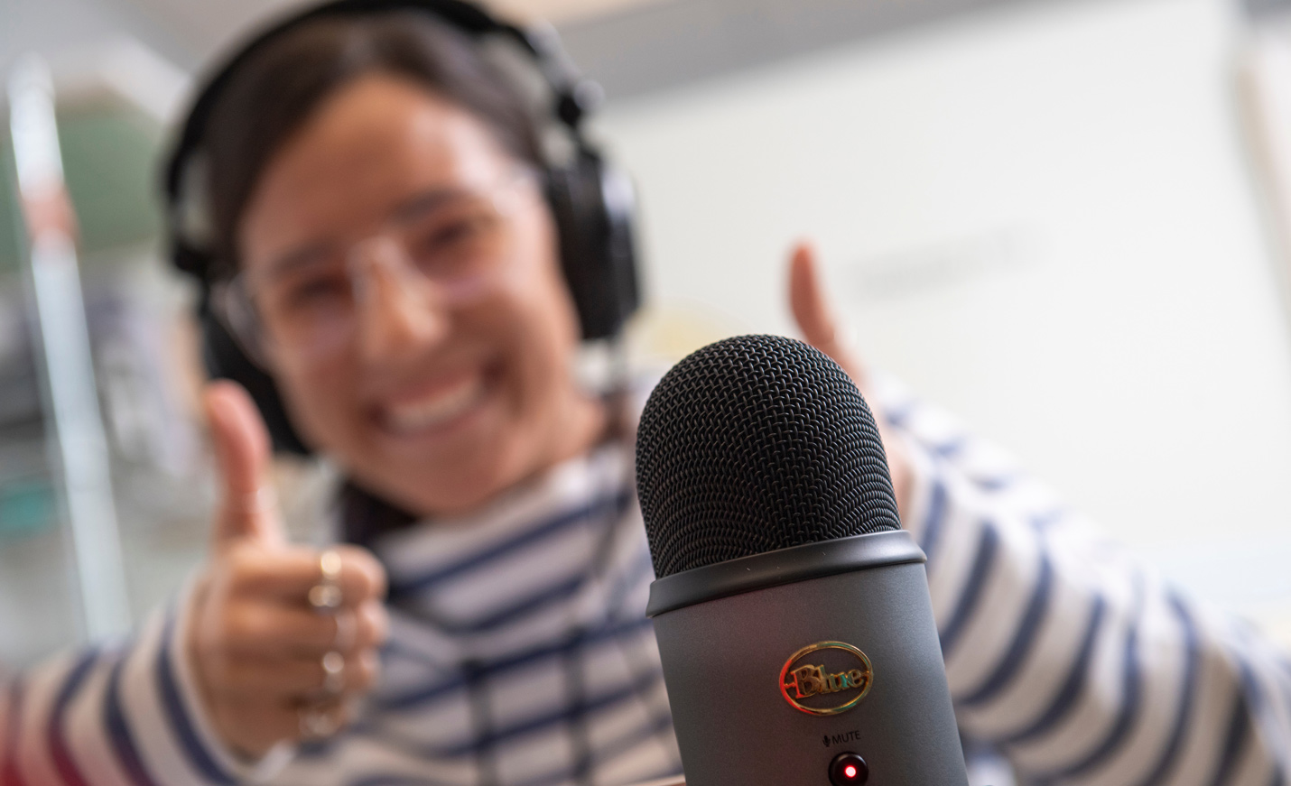 Student using a microphone