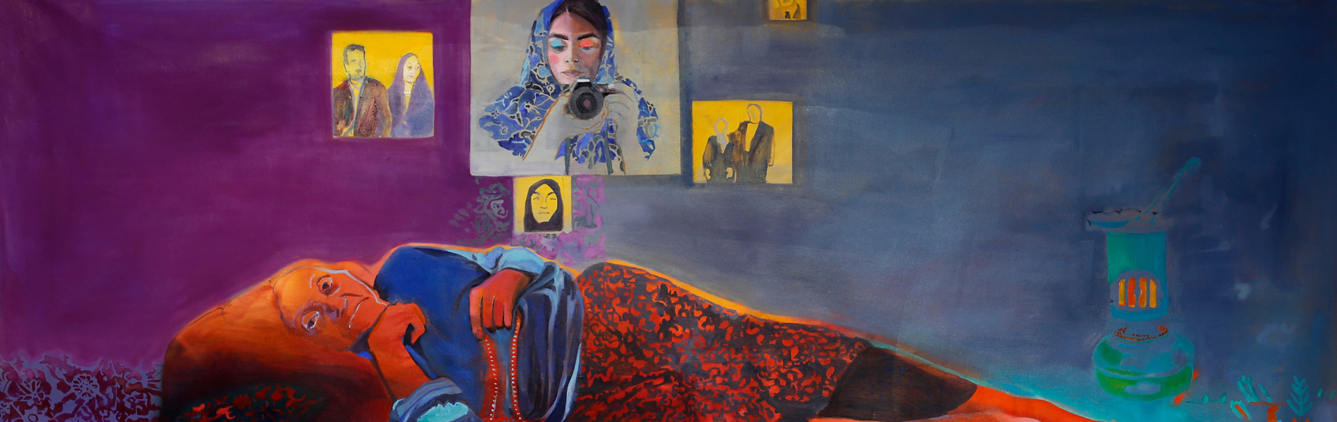 Vibrant painting of woman laying on her side by artist Shabnam Jannesari.