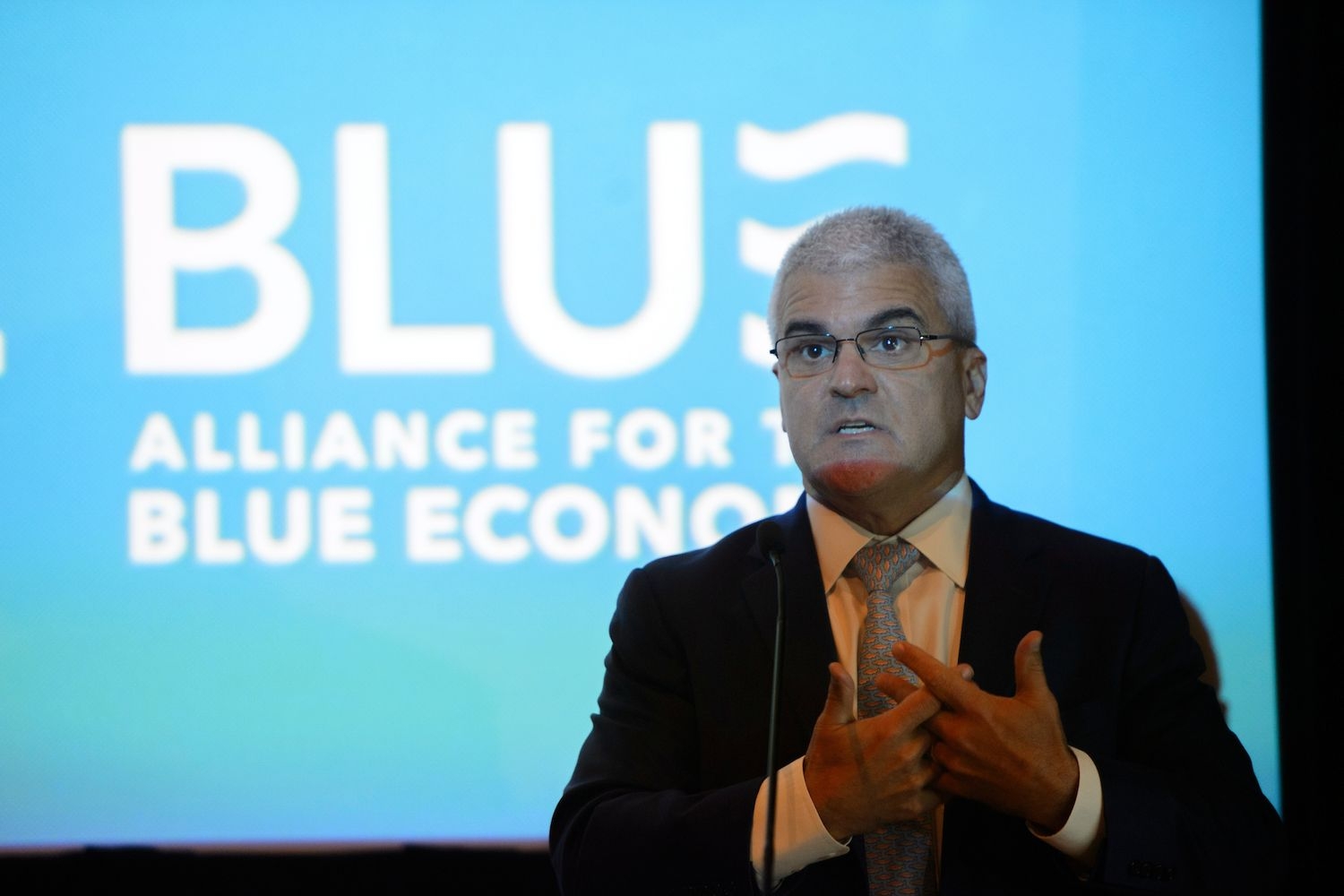 stands before a slide that says, "Blue Alliance for the Blue Economy"