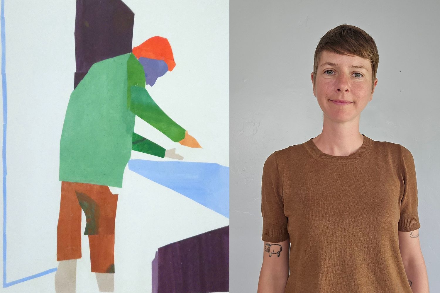A portrait of Katie Kroeniger next to one of her works