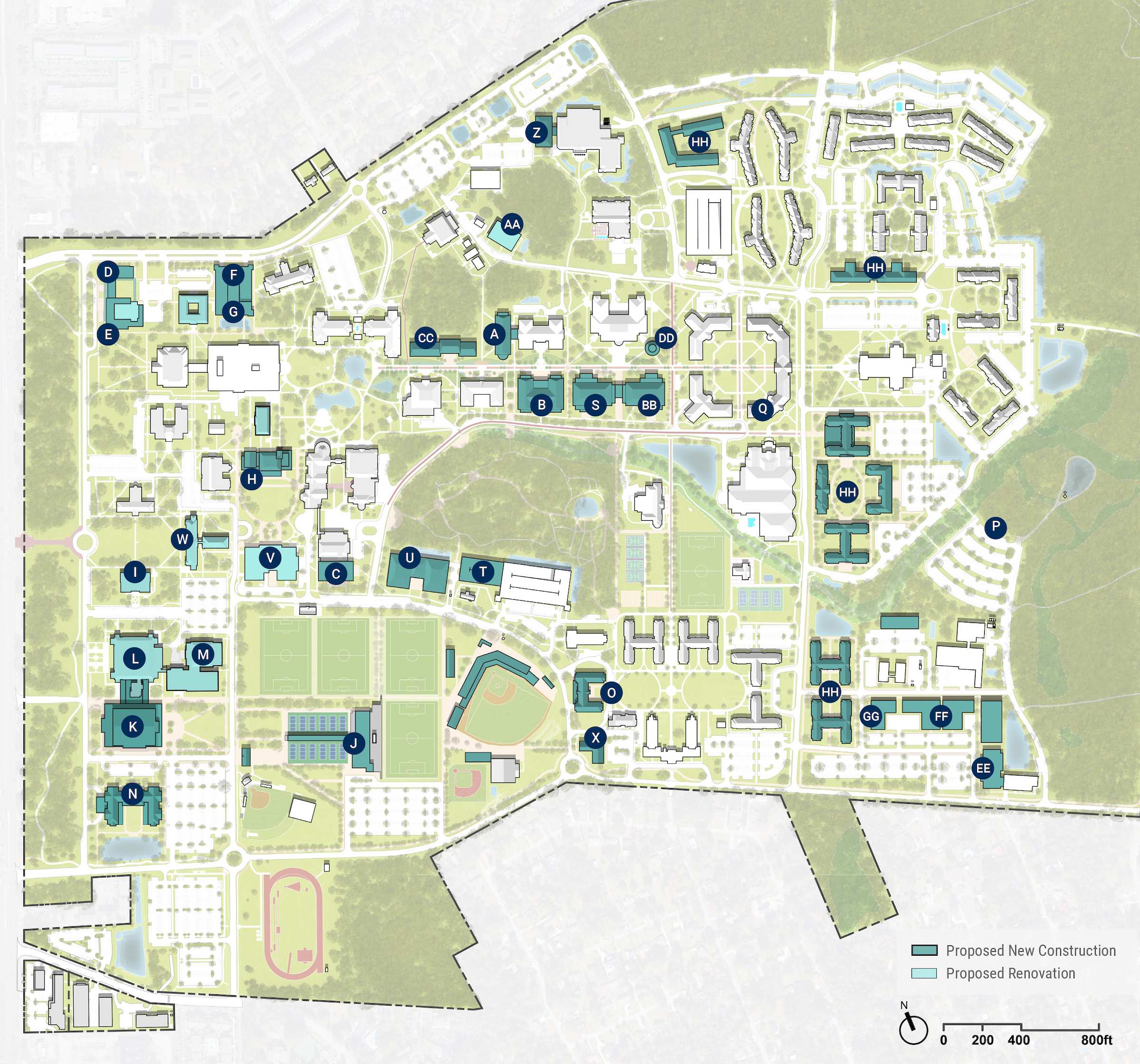 This campus map shows where building projects listed below are planned in the coming years.