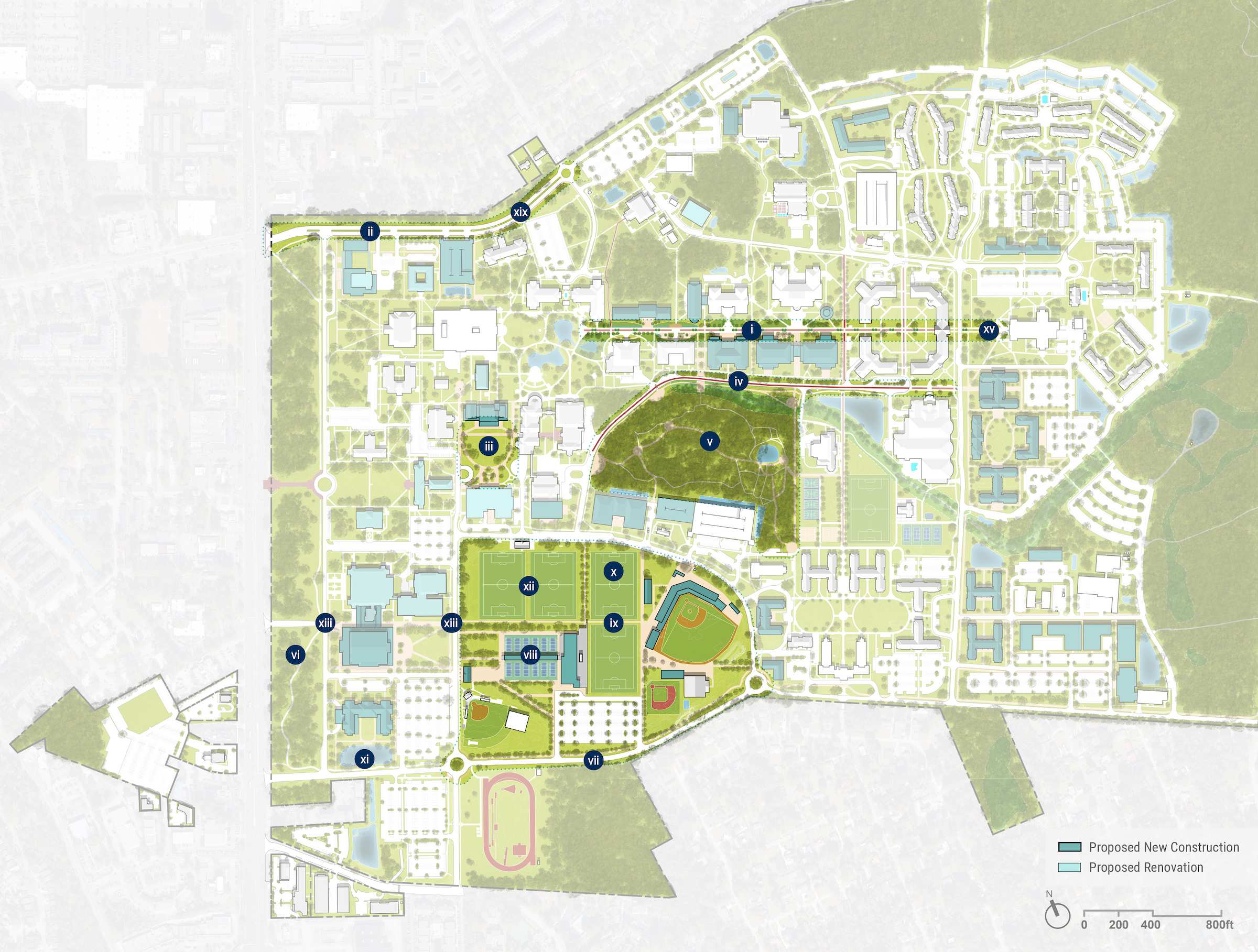 This campus map shows where the landscape projects listed below are planned