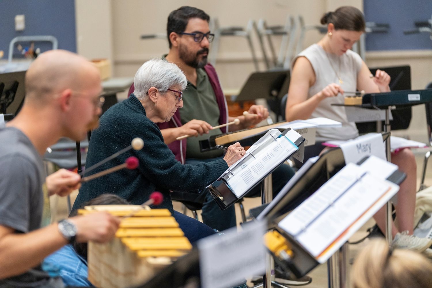 Several participants playing a variety of instructments in classes centered around the Orff Approach, a developmental approach used in music education. 