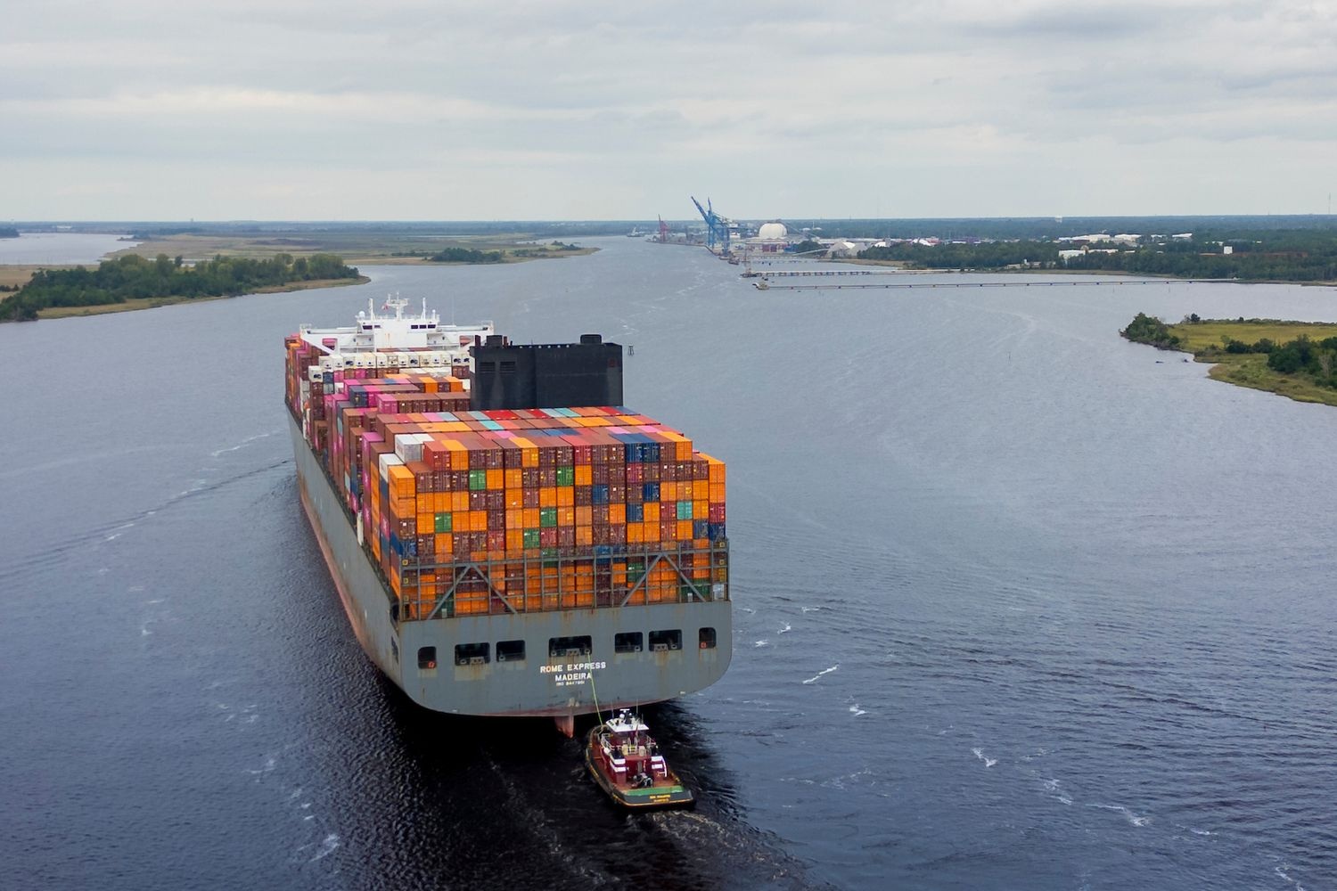 Container Ship Rome Express, flying under the Portugal flag and stretching to 366 meters, enters the Port of Wilmington fully loaded. 