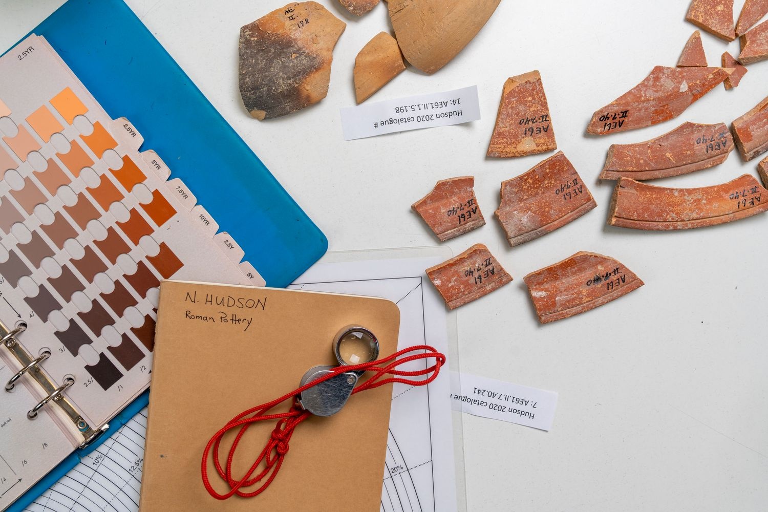 Pottery sherds and notebooks scattered across a desk.