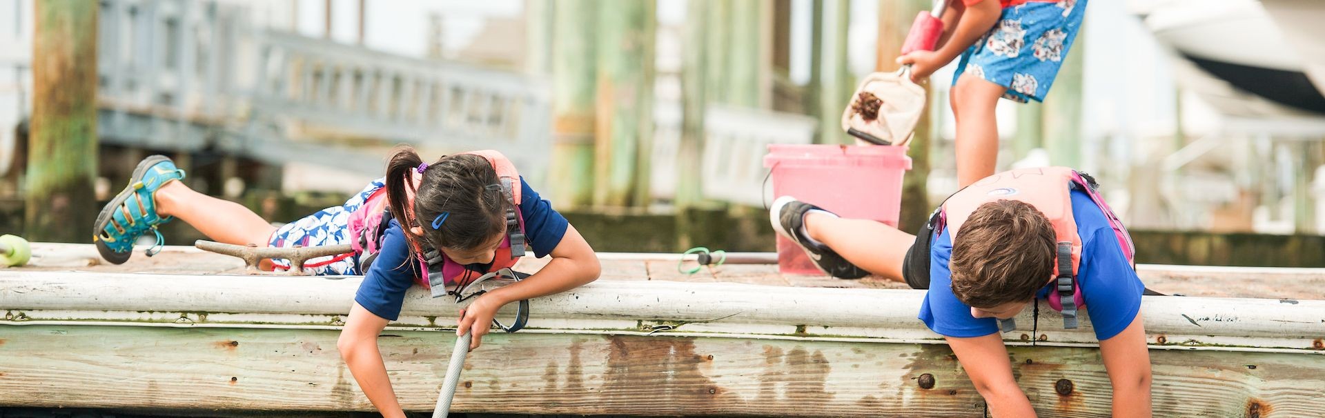 Campers fishing off of pier with nets