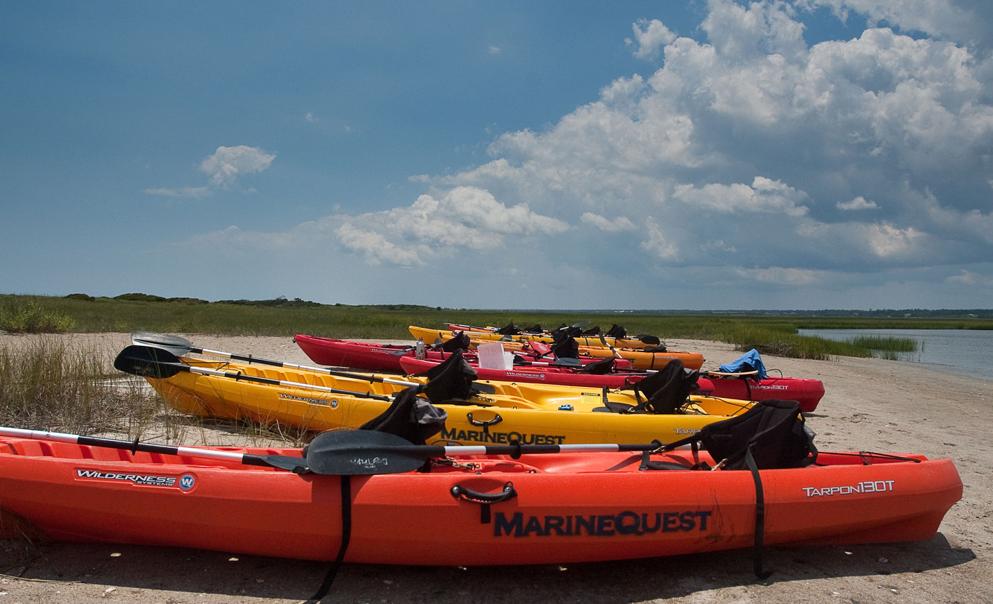 Kayaks lined up on the beach